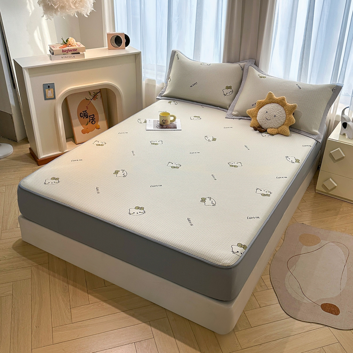 91家纺网 家纺一手货源 找家纺 居易简2026新款卡通实拍小红书爆款凉豆豆凉席100%PE 乙纶凉感可水洗床席席子-床笠款 梦境KT