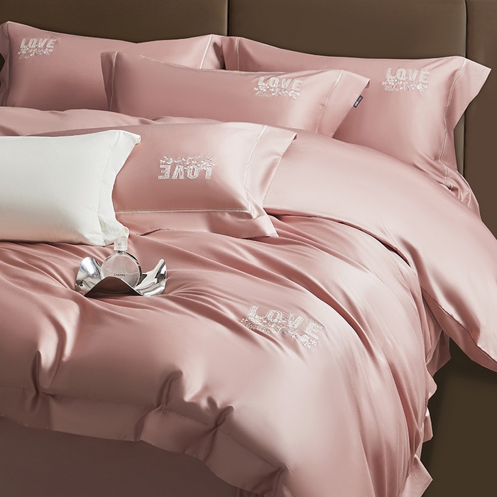 91家纺网 家纺一手货源 找家纺 诗黛尔 2026春夏新款60S长绒棉刺绣雅姿系列四件套 雅姿-红豆沙