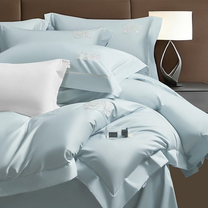 91家纺网 家纺一手货源 找家纺 诗黛尔 2026春夏新款60S长绒棉刺绣雅姿系列四件套 雅姿-天蓝