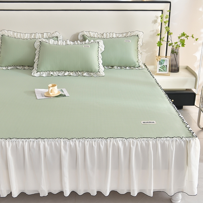 91家纺网 家纺一手货源 找家纺 小牛席业 2026新款满天星凉感冰丝席黑边床裙凉席席子系列 满天星凉感席黑边床裙款-绿色