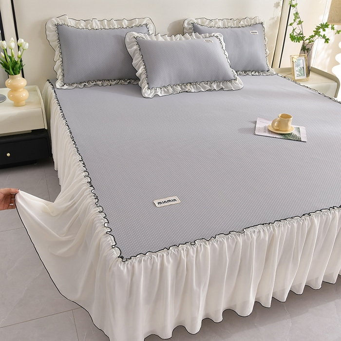 91家纺网 家纺一手货源 找家纺 小牛席业 2026新款满天星凉感冰丝席黑边床裙凉席席子系列 满天星凉感席黑边床裙款-灰色