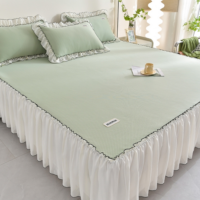 91家纺网 家纺一手货源 找家纺 小牛席业 2026新款满天星凉感冰丝席黑边床裙凉席席子系列 满天星凉感席黑边床裙款-绿色