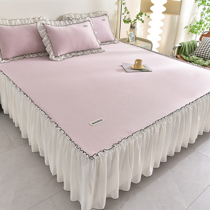 91家纺网 家纺一手货源 找家纺 小牛席业 2026新款满天星凉感冰丝席黑边床裙凉席席子系列 满天星凉感席黑边床裙款-粉色