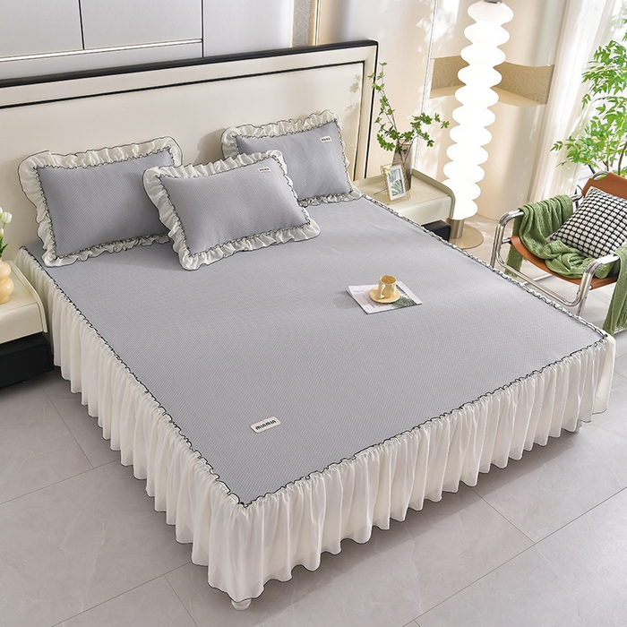 91家纺网 家纺一手货源 找家纺 小牛席业 2026新款满天星凉感冰丝席黑边床裙凉席席子系列 满天星凉感席黑边床裙款-灰色