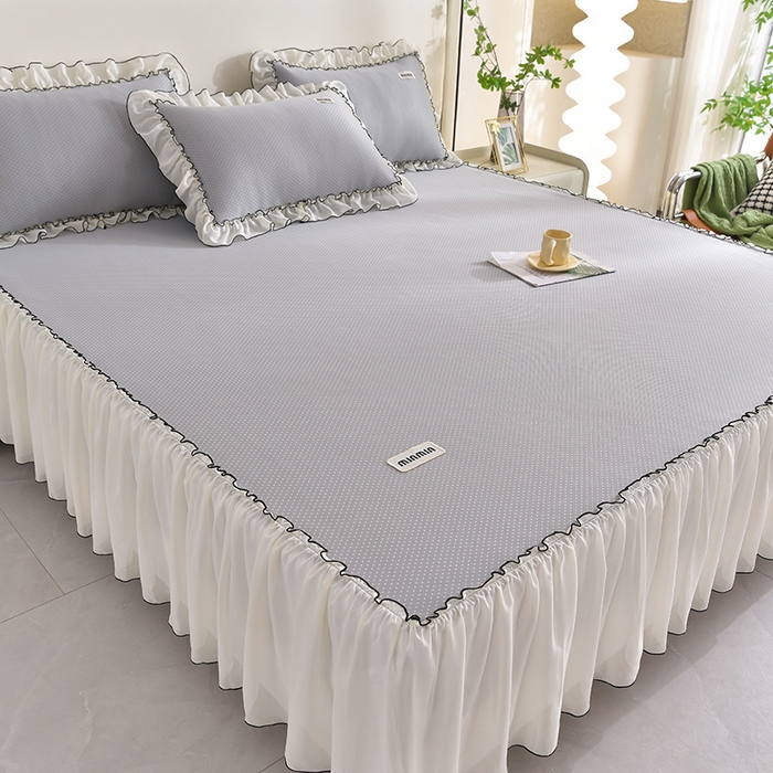 91家纺网 家纺一手货源 找家纺 小牛席业 2026新款满天星凉感冰丝席黑边床裙凉席席子系列 满天星凉感席黑边床裙款-灰色