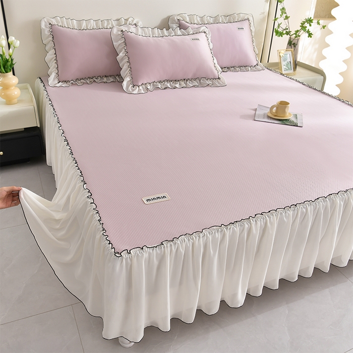 91家纺网 家纺一手货源 找家纺 小牛席业 2026新款满天星凉感冰丝席黑边床裙凉席席子系列 满天星凉感席黑边床裙款-粉色