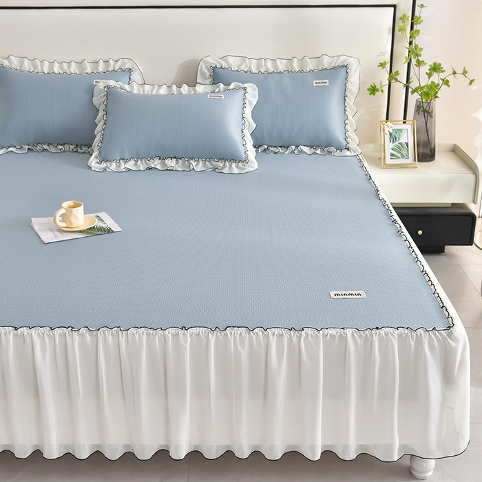 91家纺网 家纺一手货源 找家纺 小牛席业 2026新款满天星凉感冰丝席黑边床裙凉席席子系列 满天星凉感席黑边床裙款-蓝色