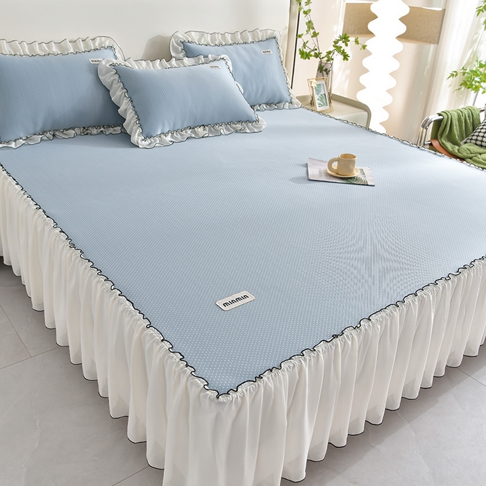 91家纺网 家纺一手货源 找家纺 小牛席业 2026新款满天星凉感冰丝席黑边床裙凉席席子系列 满天星凉感席黑边床裙款-蓝色