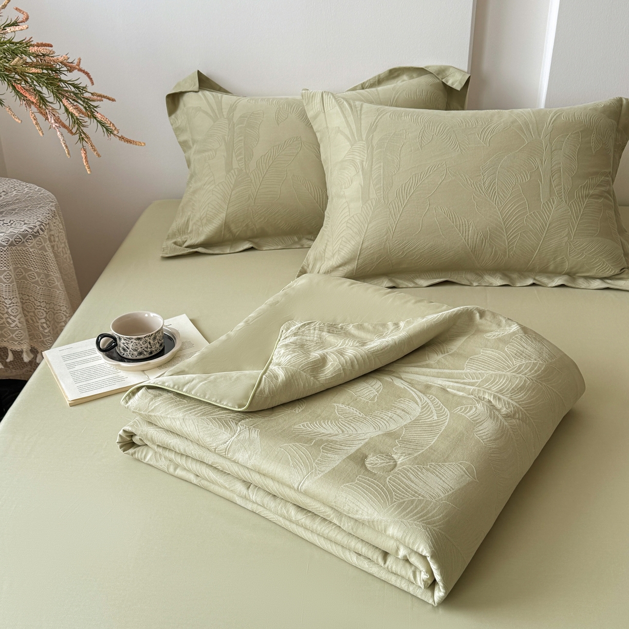 梵克保罗 2026春夏新款全棉60S长绒棉立体厚织提花单夏被枕套夏凉被空调被 焦野-奶绿