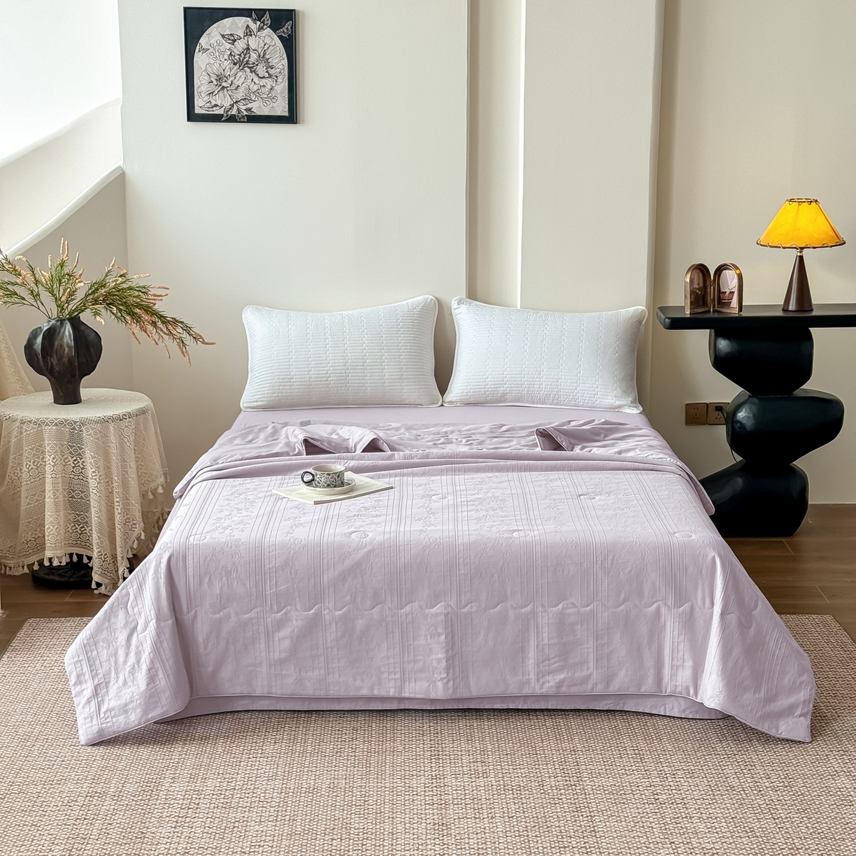 91家纺网 家纺一手货源 找家纺 梵克保罗 2026春夏新款全棉60S长绒棉立体厚织提花单夏被枕套夏凉被空调被 沁香-淡雅紫