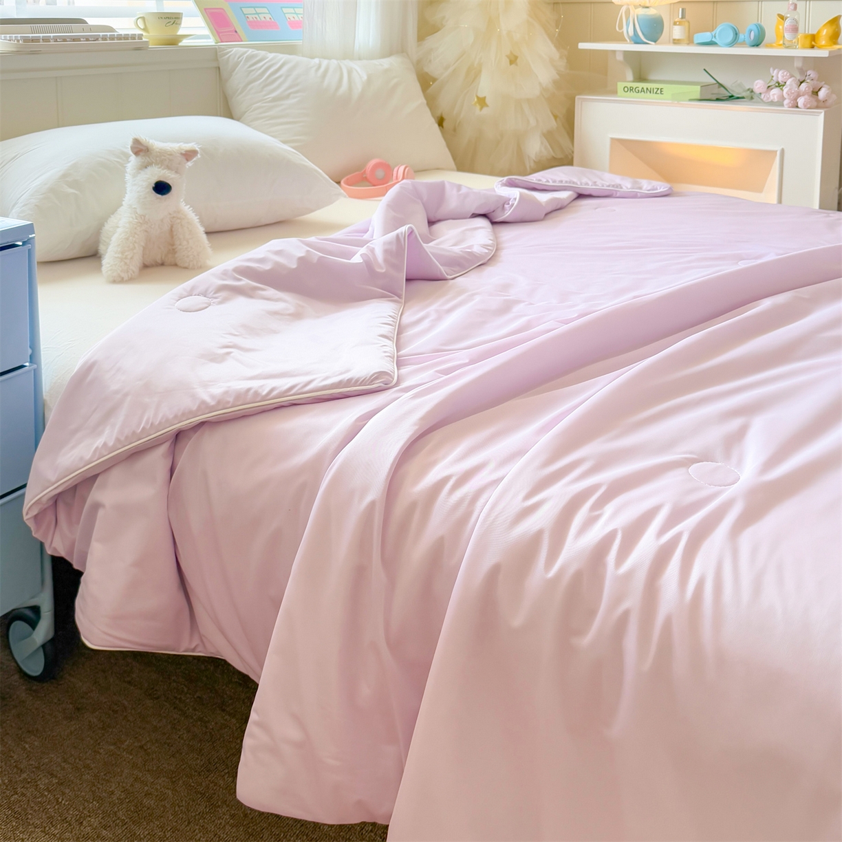 91家纺网 家纺一手货源 找家纺 名兮家居 2026春夏纯色双拼A类凉感丝夏凉被 梦幻紫