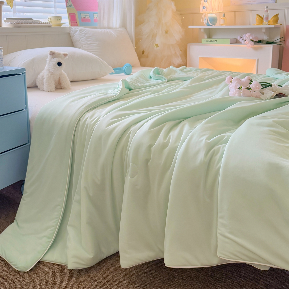 91家纺网 家纺一手货源 找家纺 名兮家居 2026春夏纯色双拼A类凉感丝夏凉被 薄荷绿