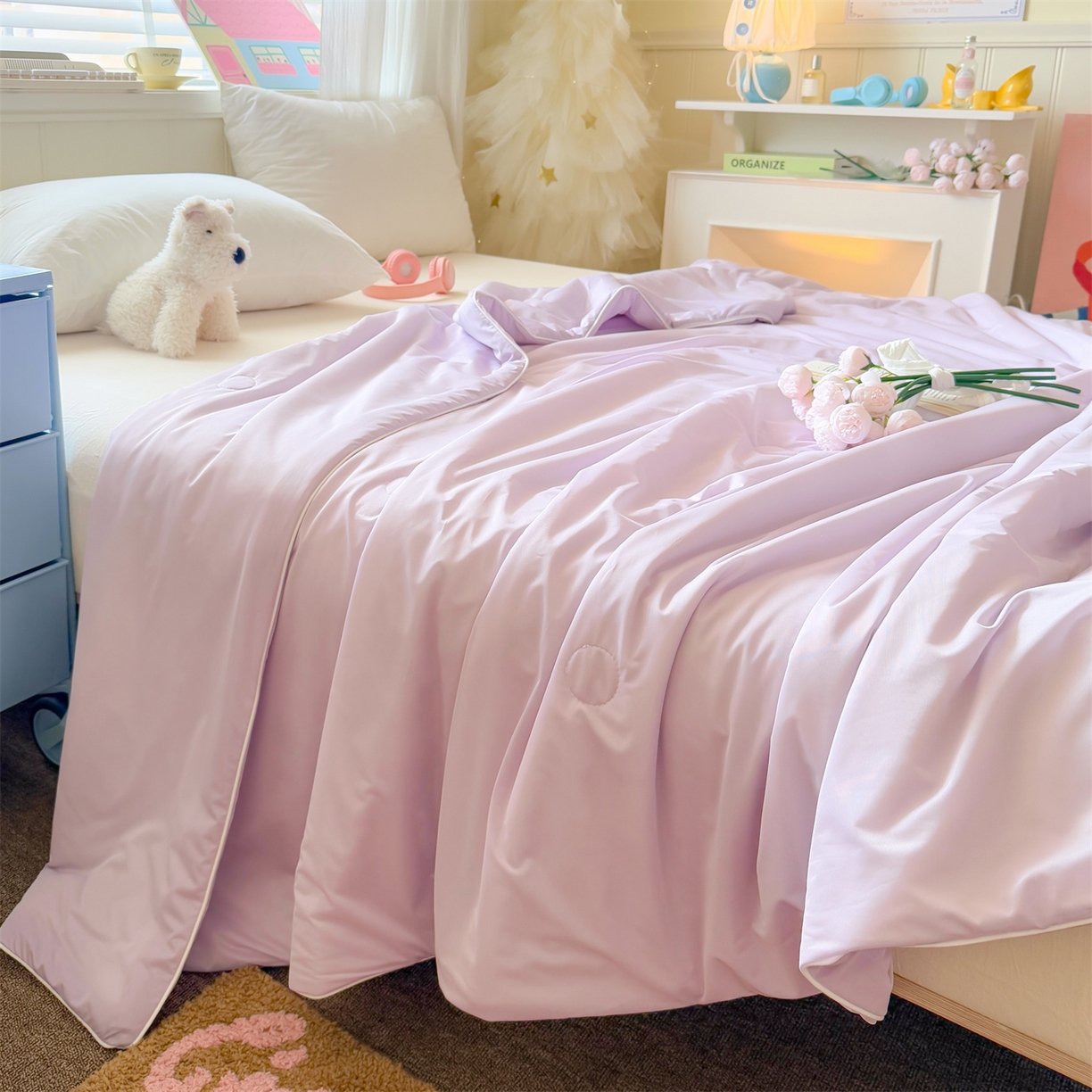 91家纺网 家纺一手货源 找家纺 名兮家居 2026春夏纯色双拼A类凉感丝夏凉被 梦幻紫