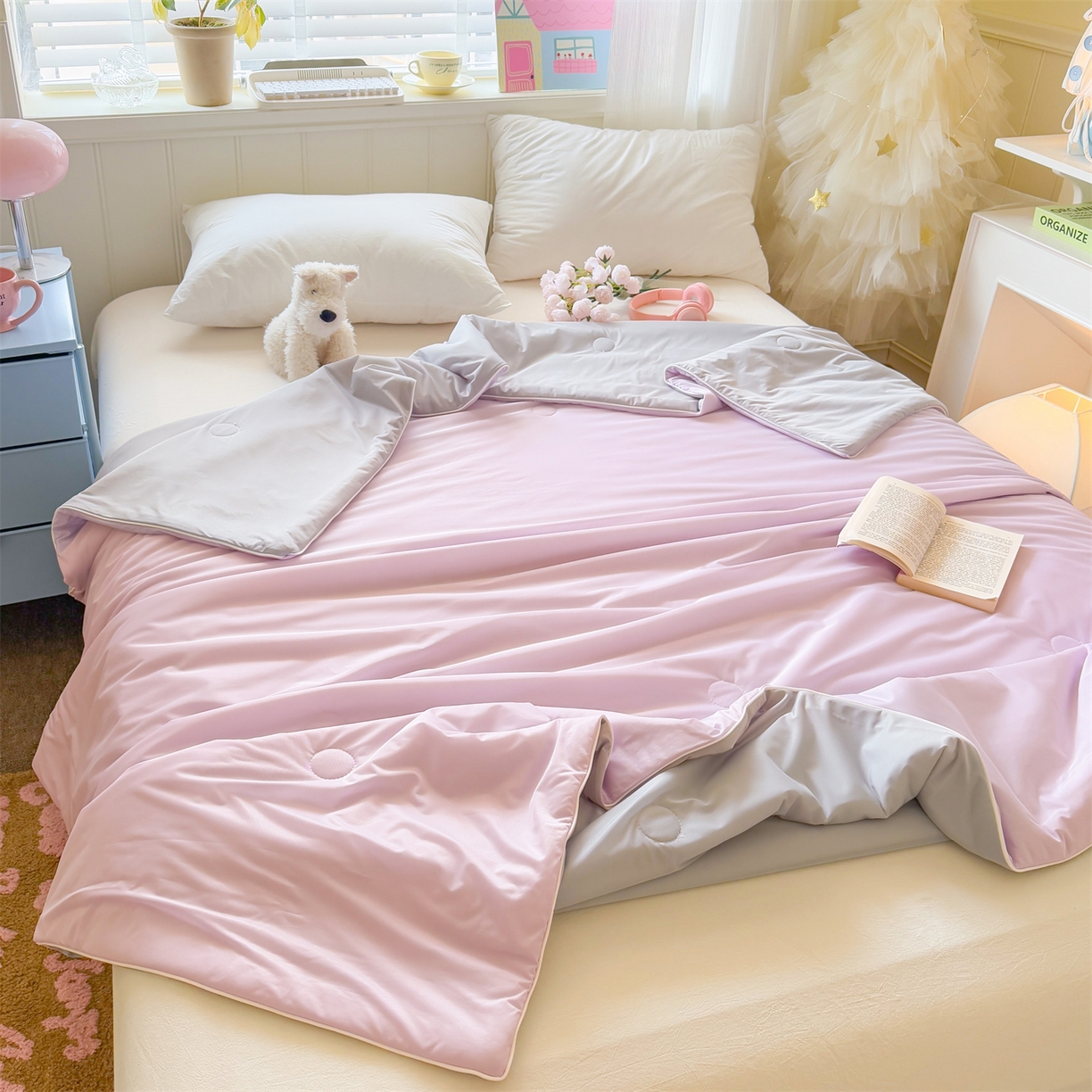 91家纺网 家纺一手货源 找家纺 名兮家居 2026春夏纯色双拼A类凉感丝夏凉被 梦幻紫-浅灰