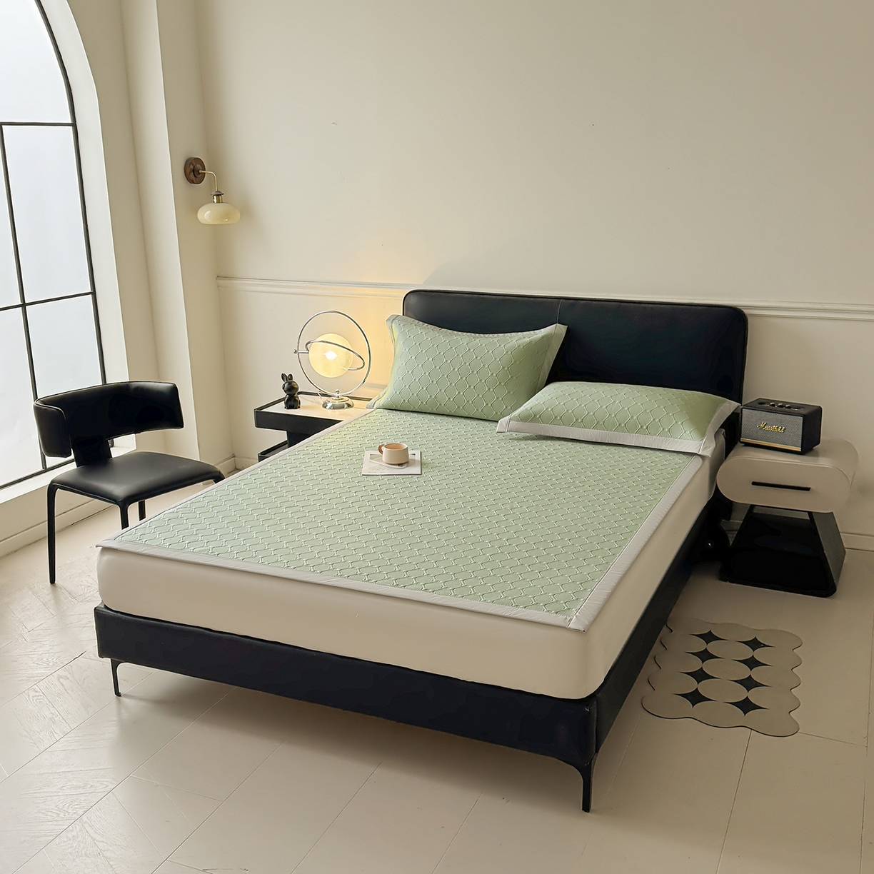 91家纺网 家纺一手货源 找家纺 居易简 2026新款刺绣实拍爆款凉豆豆凉席100%PE乙伦绣花可水洗床席席子-床席款 菱格  冰清绿