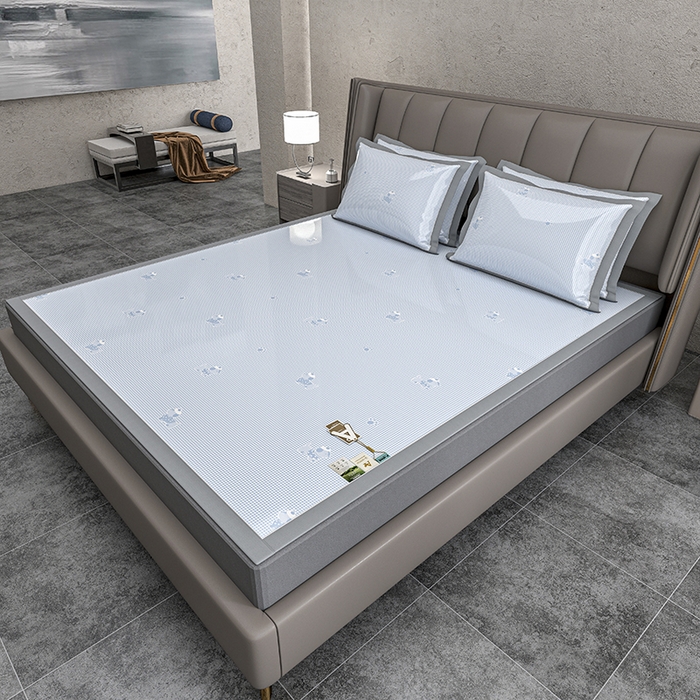 91家纺网 家纺一手货源 找家纺 小牛席业 2026新款【建模风格】双PE高凉感-腊肠狗格纹提花冰丝席平铺款凉席席子 腊肠狗格纹-蓝色