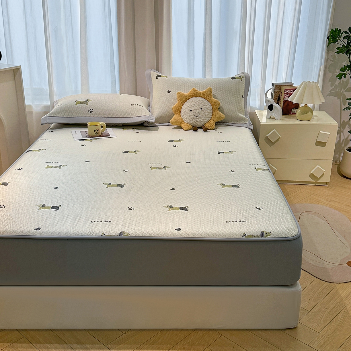 91家纺网 家纺一手货源 找家纺 （总）玉相逢 2026新款卡通实拍小红书爆款凉豆豆凉席100%PE 乙纶凉感可水洗床席席子-床笠款