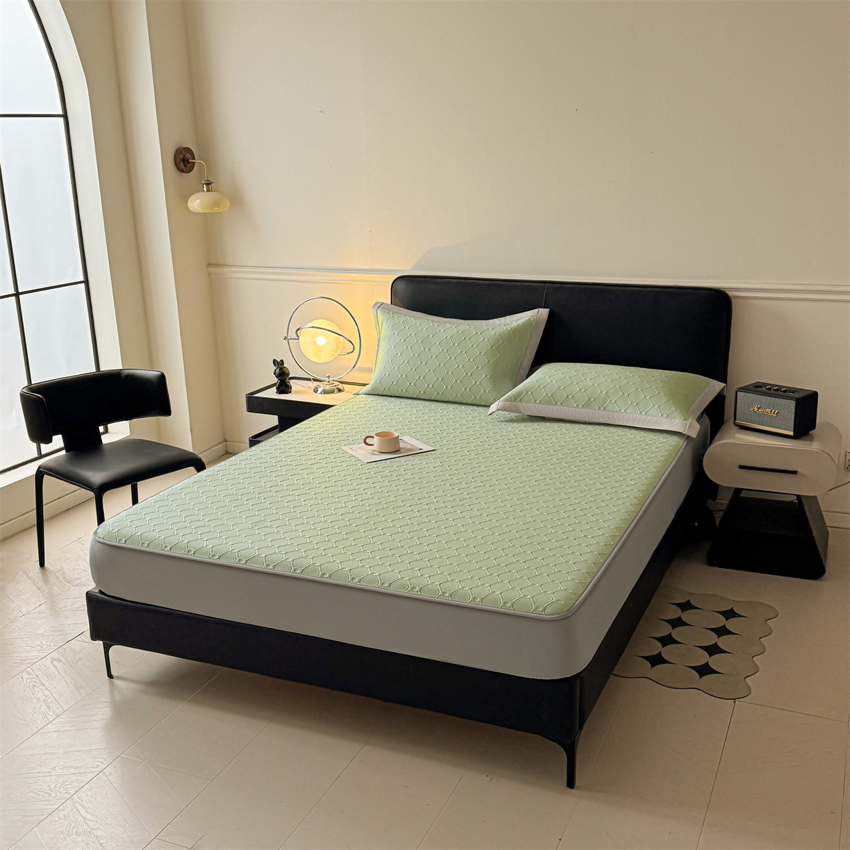 91家纺网 家纺一手货源 找家纺 玉相逢 2026新款刺绣实拍爆款凉豆豆凉席100%PE乙伦绣花可水洗床席席子-床笠款 菱格  冰清绿-床笠款