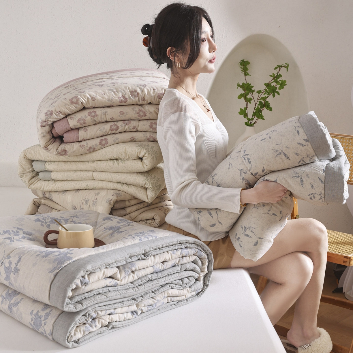 91家纺网 家纺一手货源 找家纺 尊妙被业 2026新款全棉亚麻夏被100%新疆棉夏被四件套印花款 组合图