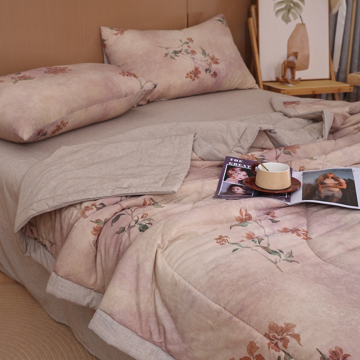 91家纺网 家纺一手货源 找家纺 尊妙被业 2026新款全棉亚麻夏被100%新疆棉夏被四件套印花款 芙香漫野-黄