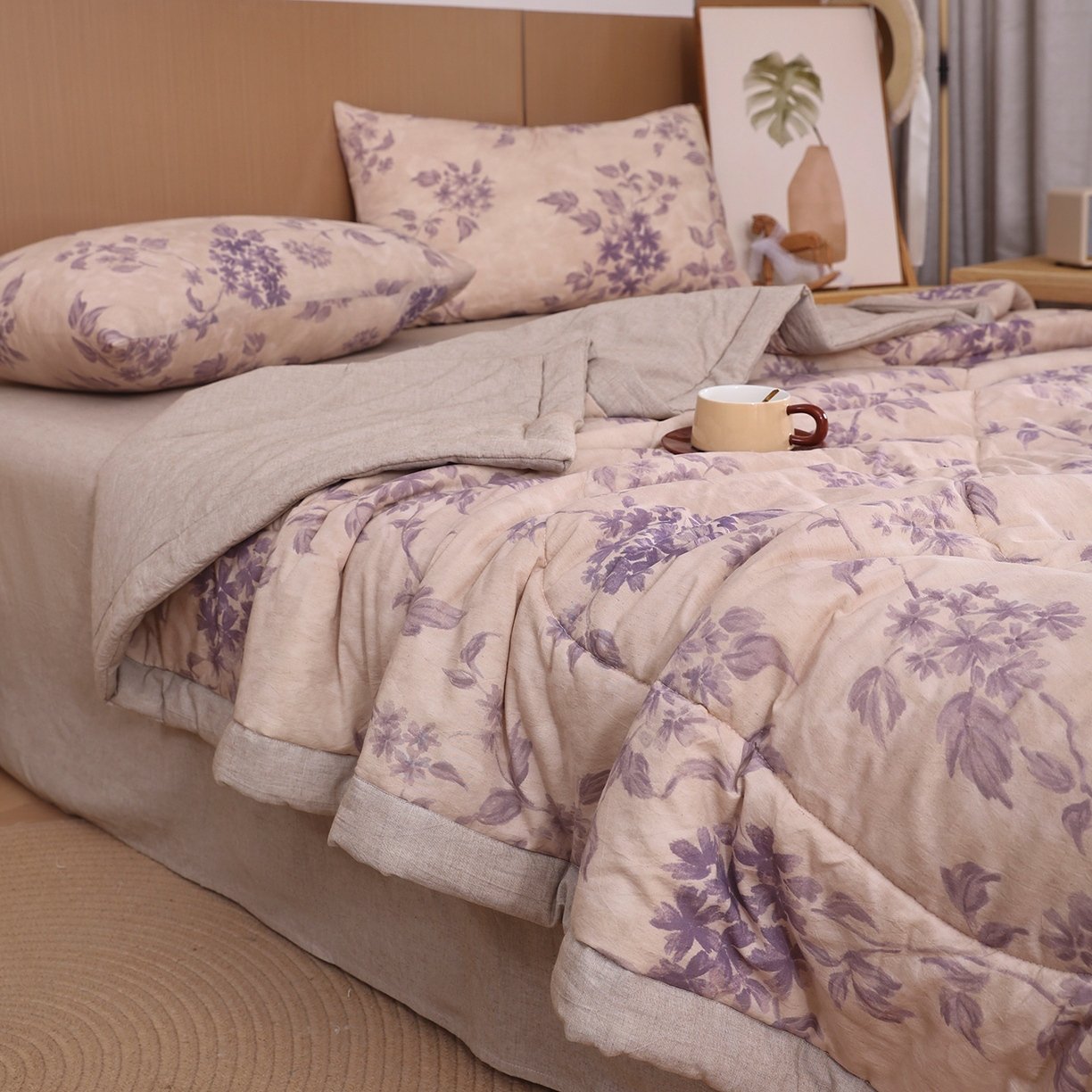 91家纺网 家纺一手货源 找家纺 尊妙被业 2026新款全棉亚麻夏被100%新疆棉夏被四件套印花款 兰枝玉树-蓝