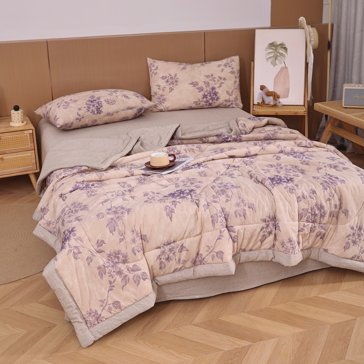 91家纺网 家纺一手货源 找家纺 尊妙被业 2026新款全棉亚麻夏被100%新疆棉夏被四件套印花款 兰枝玉树-蓝