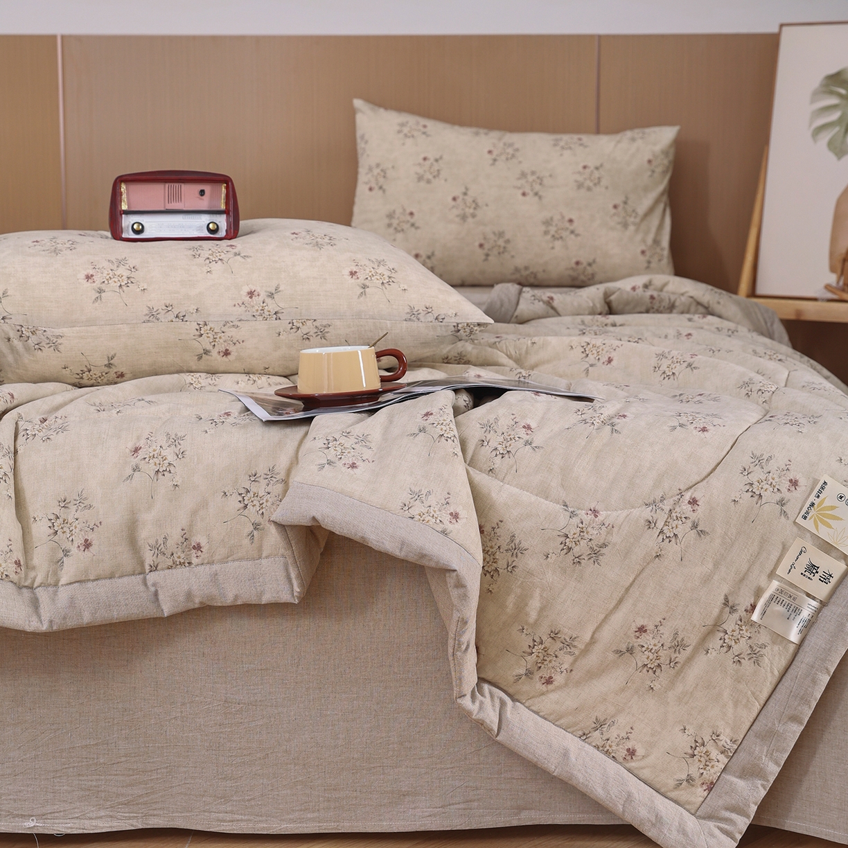 91家纺网 家纺一手货源 找家纺 尊妙被业 2026新款全棉亚麻夏被100%新疆棉夏被四件套印花款 锦绣-绿