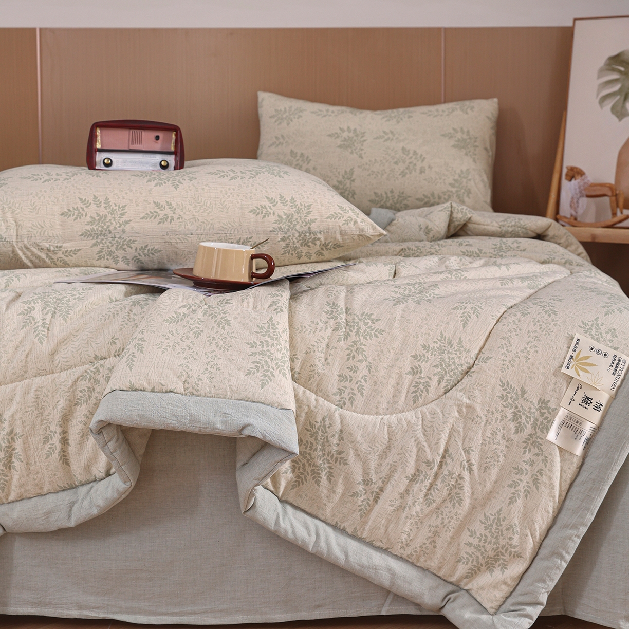 91家纺网 家纺一手货源 找家纺 尊妙被业 2026新款全棉亚麻夏被100%新疆棉夏被四件套印花款 叶枫-绿