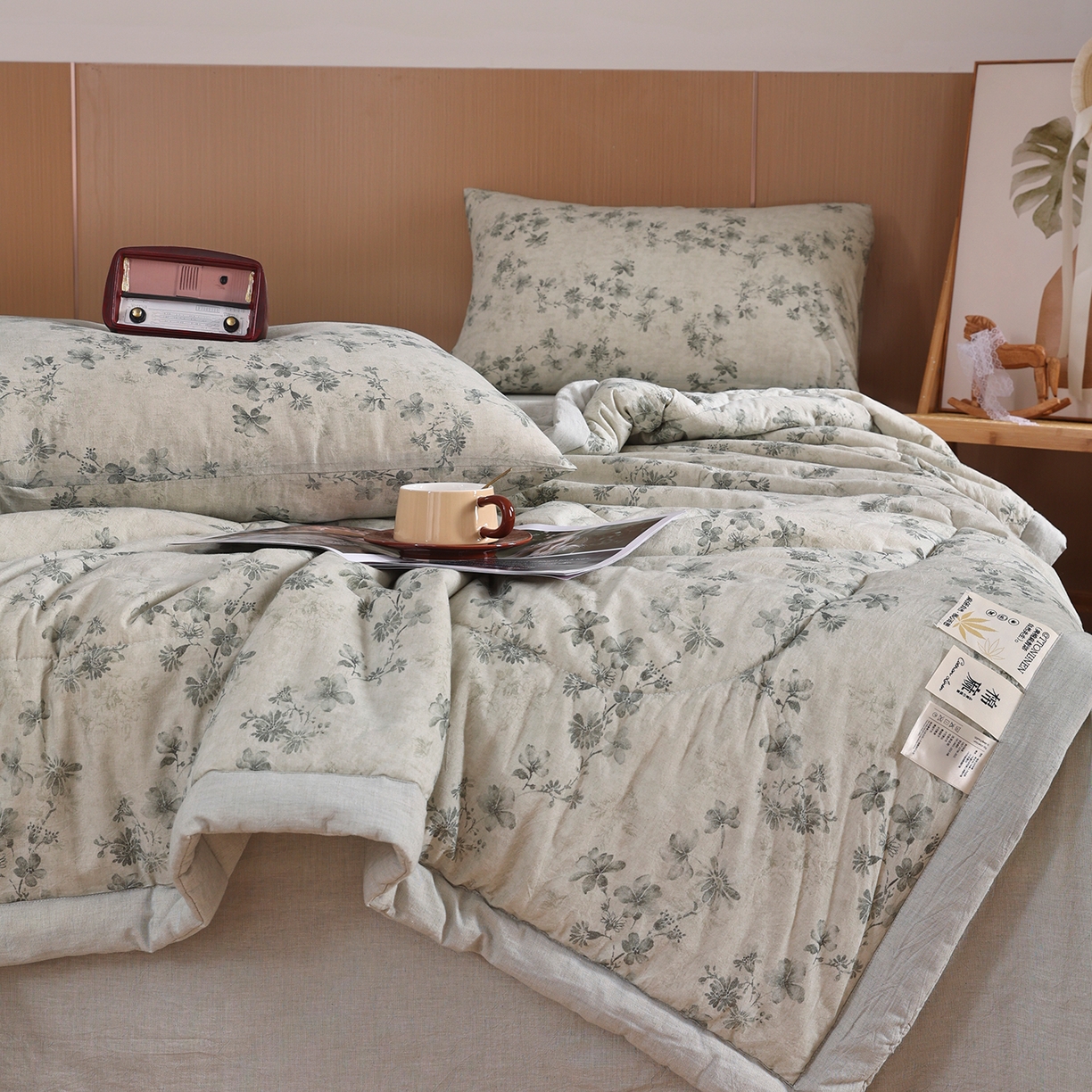 91家纺网 家纺一手货源 找家纺 尊妙被业 2026新款全棉亚麻夏被100%新疆棉夏被四件套印花款 映雪-绿