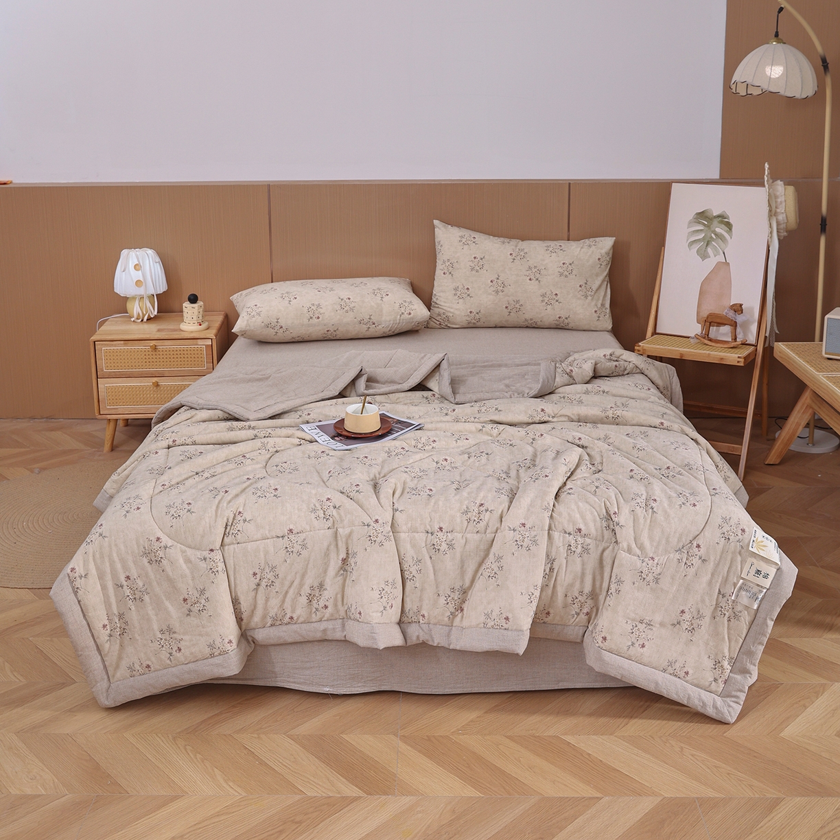 91家纺网 家纺一手货源 找家纺 尊妙被业 2026新款全棉亚麻夏被100%新疆棉夏被四件套印花款 锦绣-绿