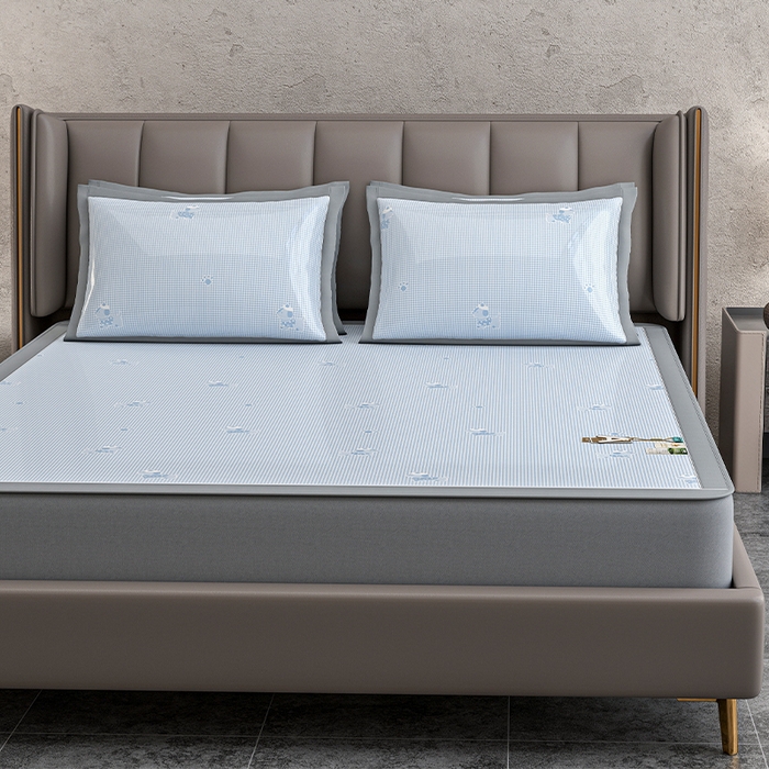 小牛席业 2026新款【建模风格】双PE高凉感-腊肠狗格纹提花冰丝席床笠款凉席席子 腊肠狗格纹-蓝色