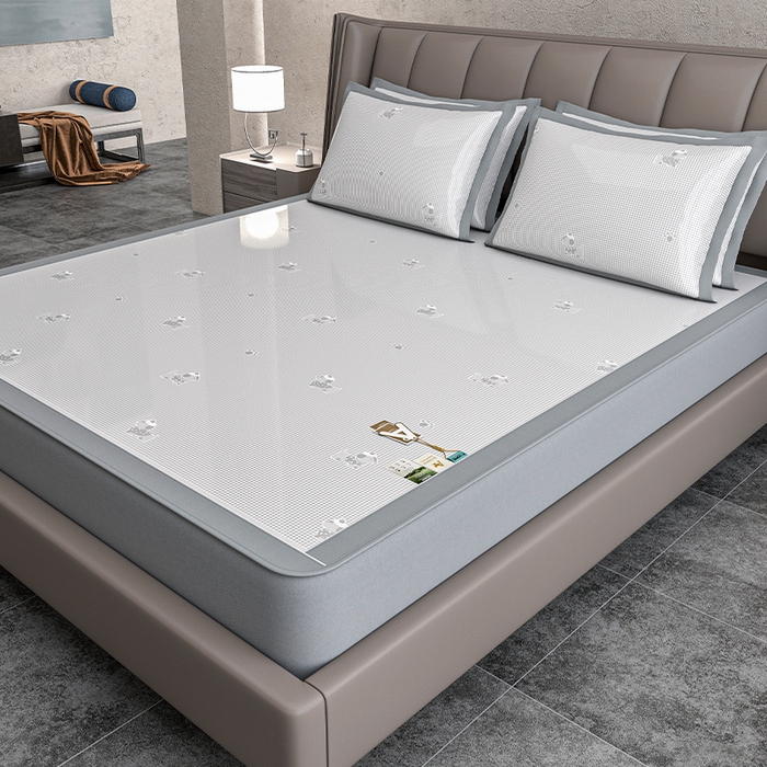 91家纺网 家纺一手货源 找家纺 小牛席业 2026新款【建模风格】双PE高凉感-腊肠狗格纹提花冰丝席床笠款凉席席子 腊肠狗格纹-灰色