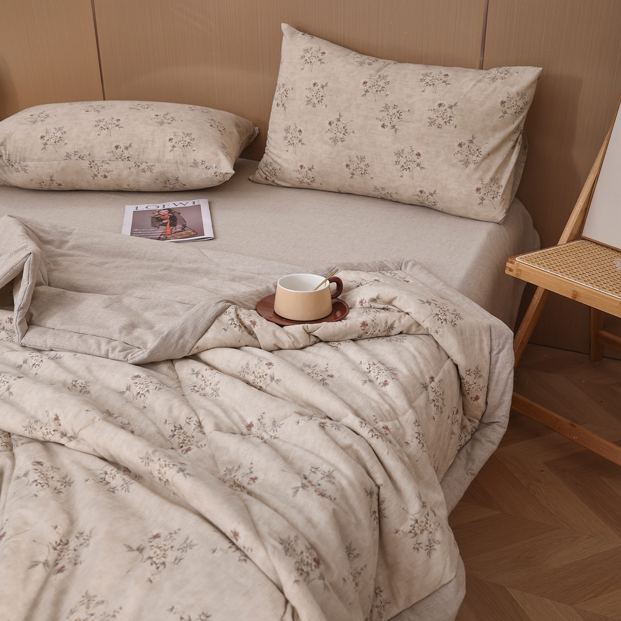 91家纺网 家纺一手货源 找家纺 尊妙被业 2026新款全棉亚麻夏被100%新疆棉夏被四件套印花款 锦绣-绿