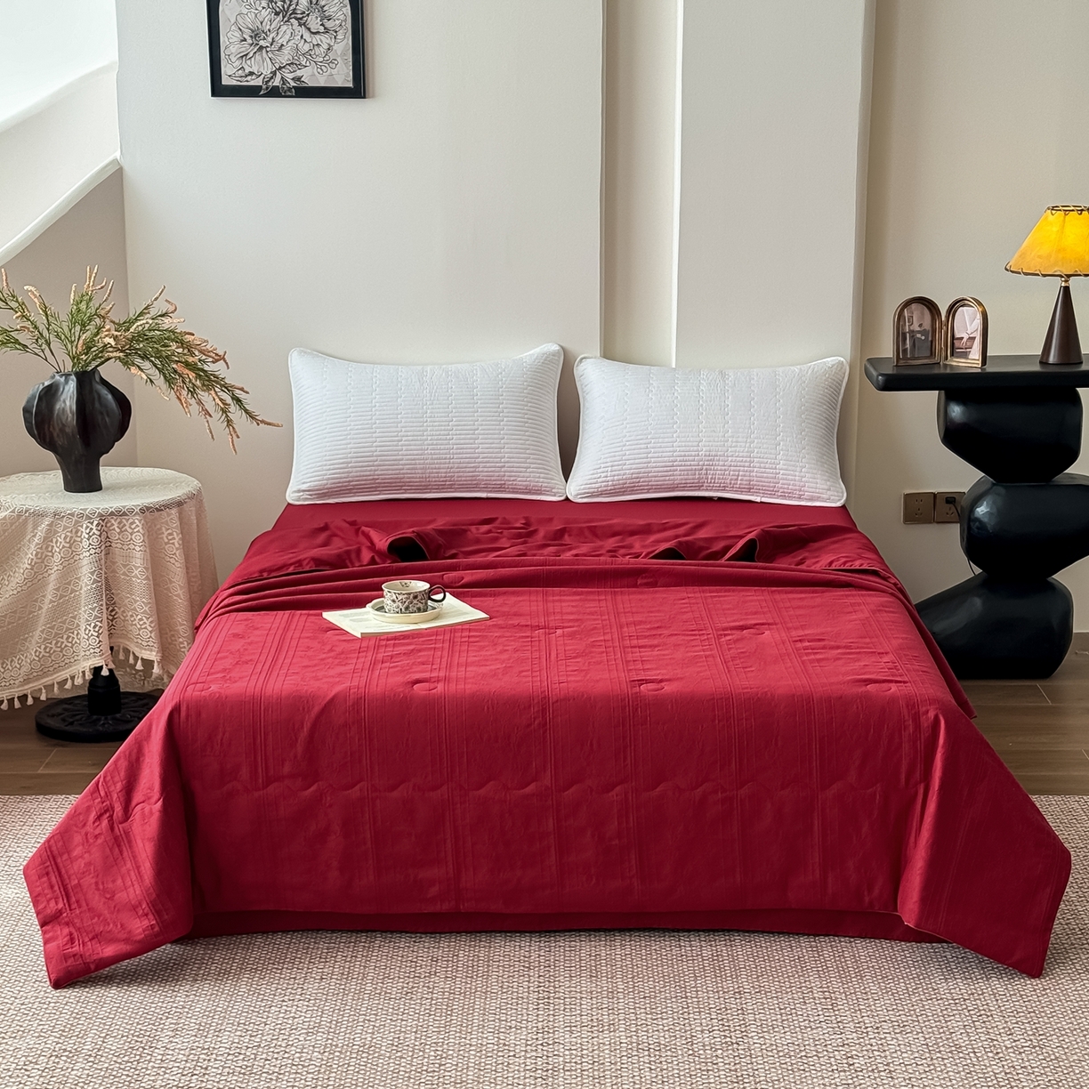 91家纺网 家纺一手货源 找家纺 梵克保罗 2026春夏新款全棉60S长绒棉立体厚织提花夏被四件套单夏被枕套夏凉被空调被 沁香-大红