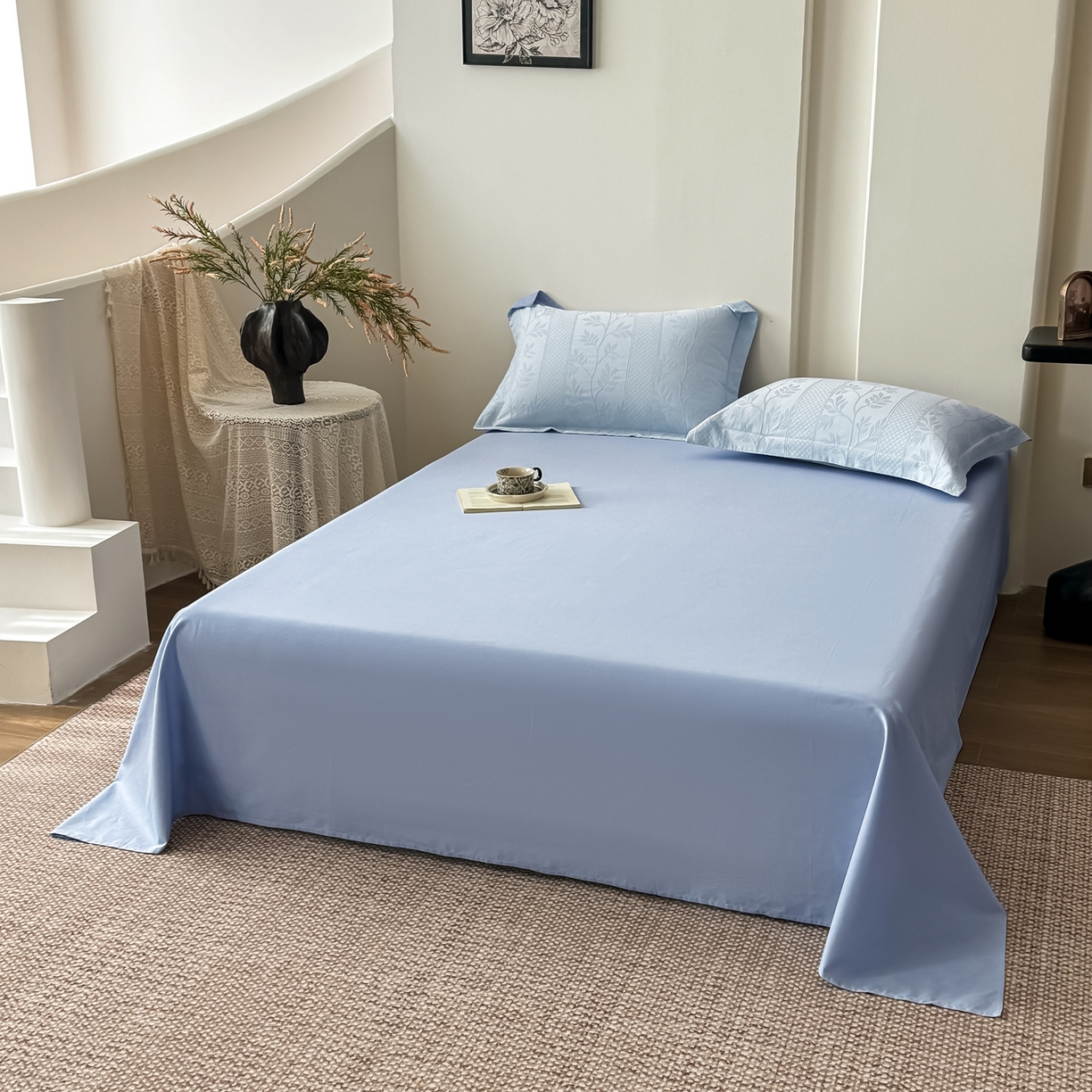 91家纺网 家纺一手货源 找家纺 梵克保罗 2026春夏新款全棉60S长绒棉立体厚织提花夏被四件套单夏被枕套夏凉被空调被 芊芊叶语-云水蓝