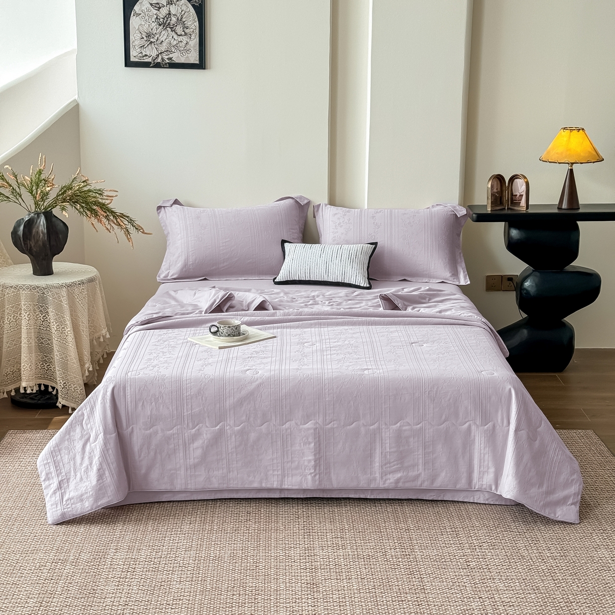 91家纺网 家纺一手货源 找家纺 梵克保罗 2026春夏新款全棉60S长绒棉立体厚织提花夏被四件套单夏被枕套夏凉被空调被 沁香-淡雅紫