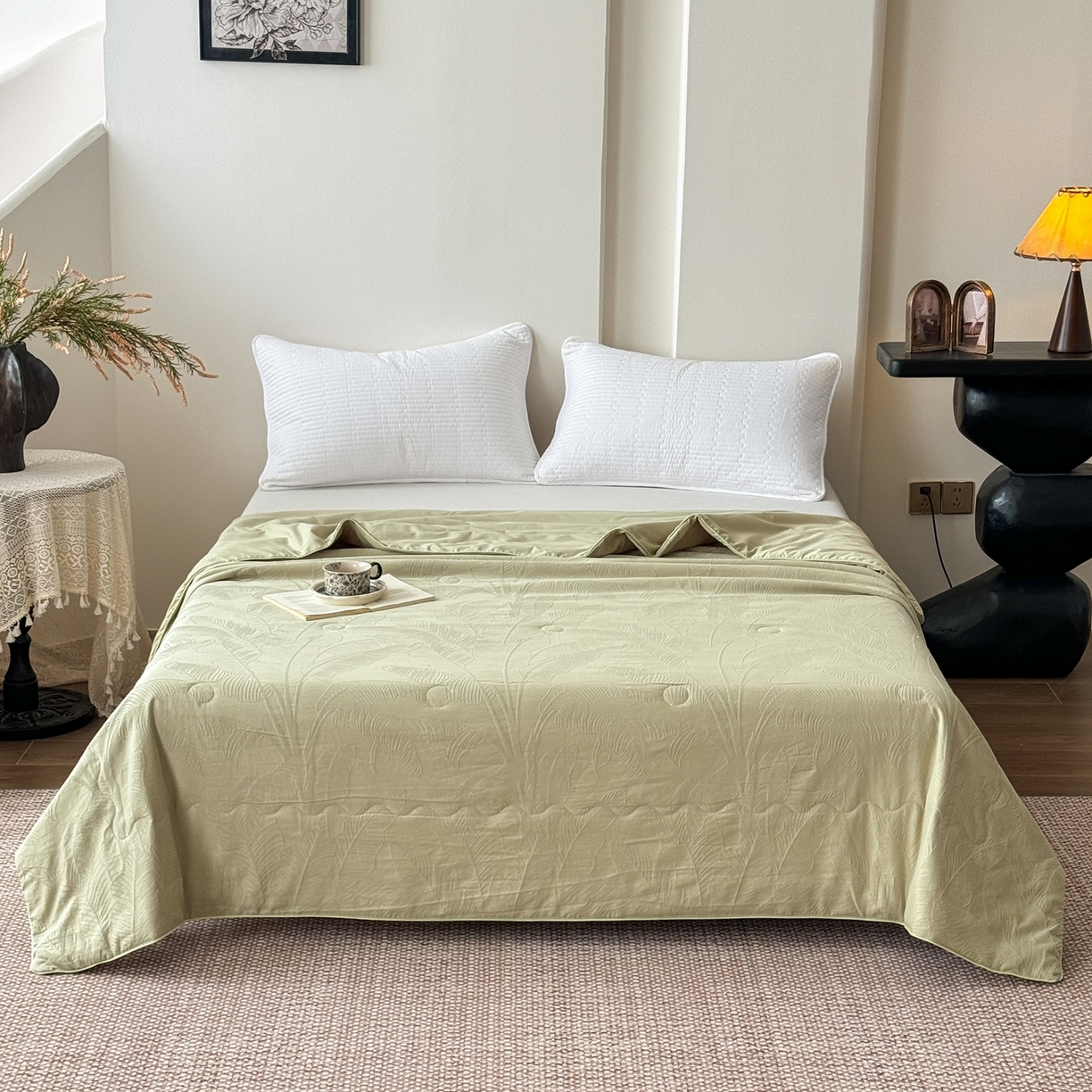 91家纺网 家纺一手货源 找家纺 梵克保罗 2026春夏新款全棉60S长绒棉立体厚织提花夏被四件套单夏被枕套夏凉被空调被 焦野-奶绿