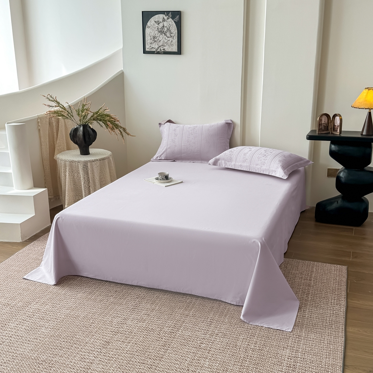 91家纺网 家纺一手货源 找家纺 梵克保罗 2026春夏新款全棉60S长绒棉立体厚织提花夏被四件套单夏被枕套夏凉被空调被 沁香-淡雅紫