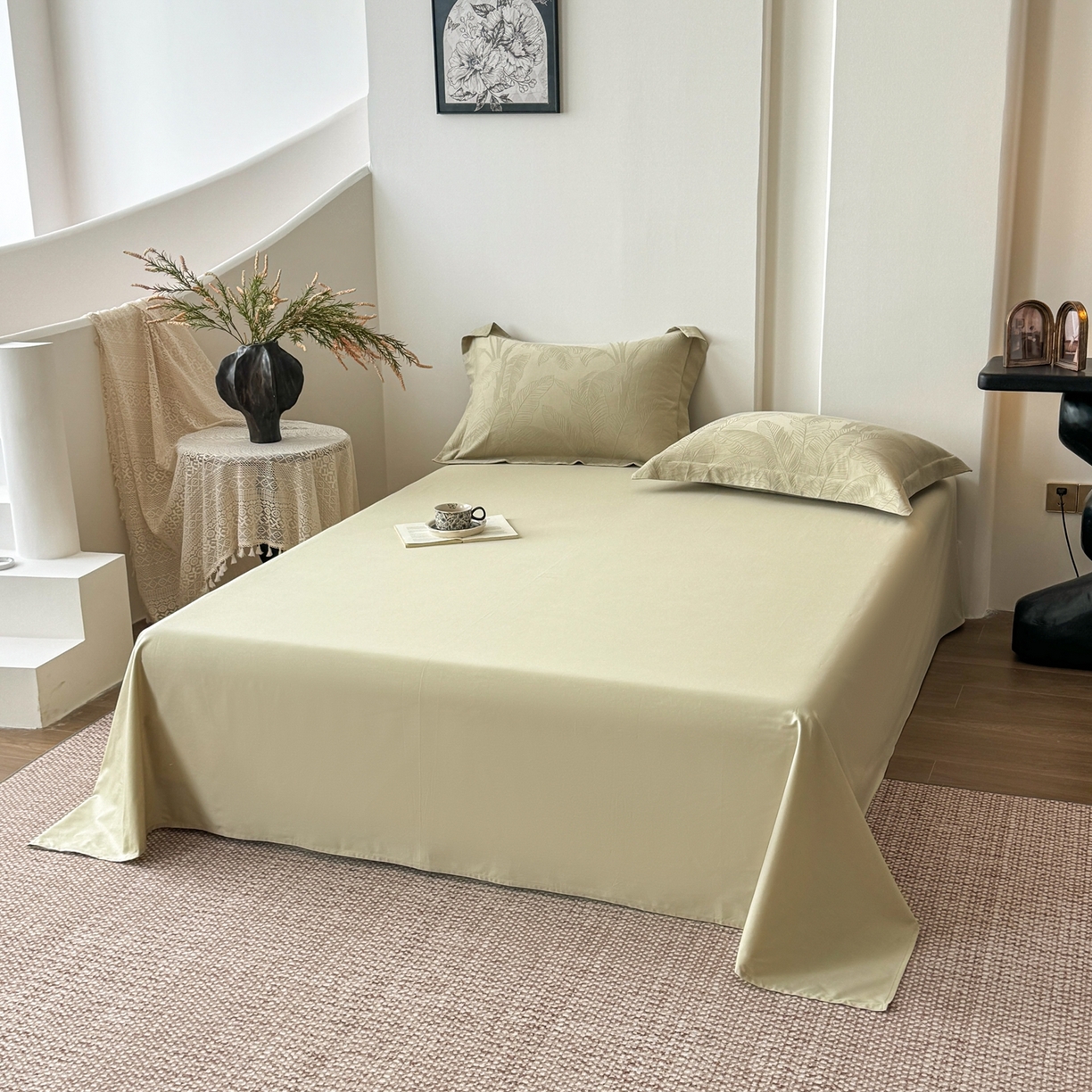 91家纺网 家纺一手货源 找家纺 梵克保罗 2026春夏新款全棉60S长绒棉立体厚织提花夏被四件套单夏被枕套夏凉被空调被 焦野-奶绿