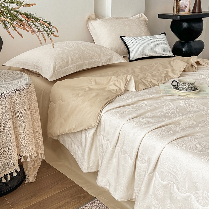 梵克保罗 2026春夏新款全棉60S长绒棉立体厚织提花夏被四件套单夏被枕套夏凉被空调被 腰果-米杏