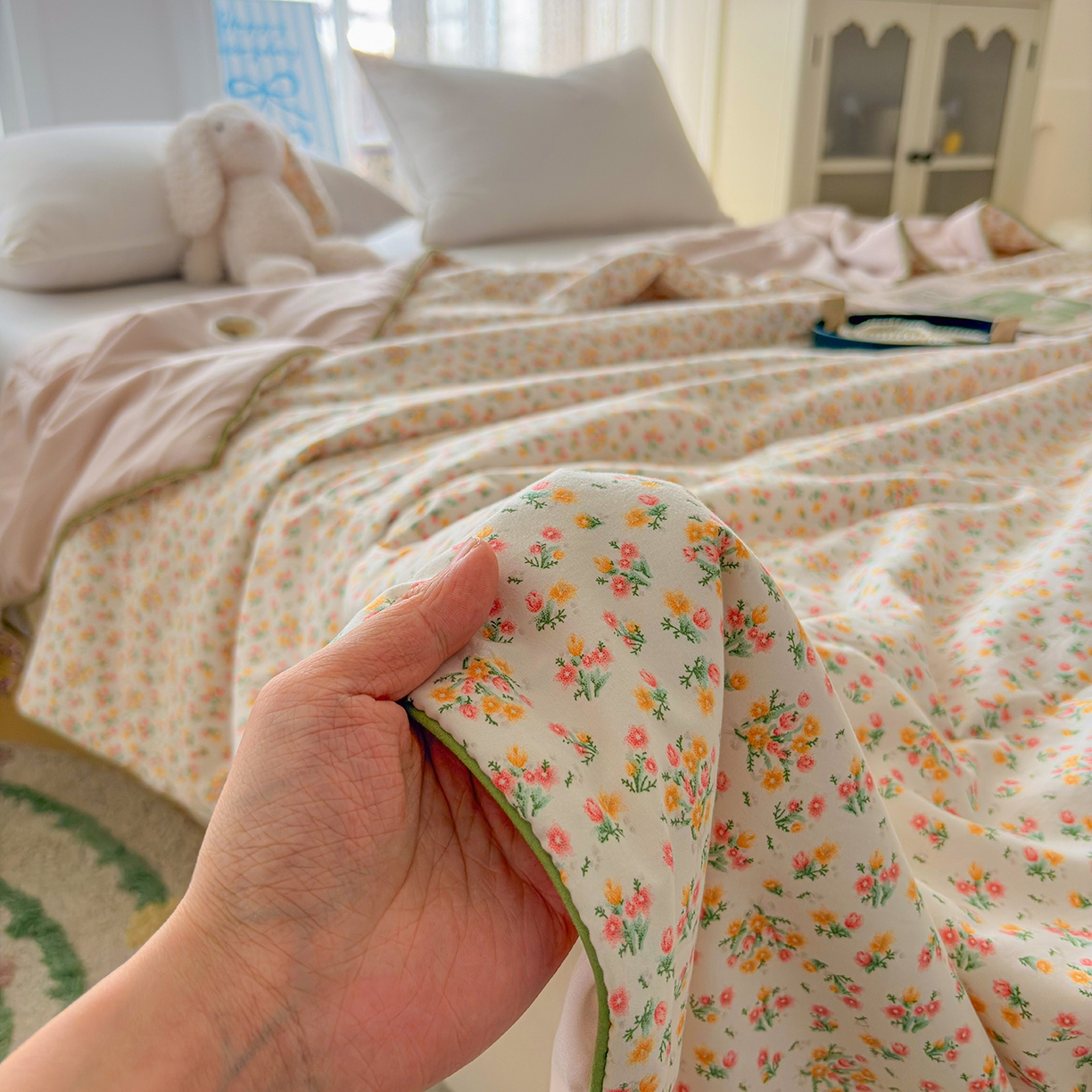 91家纺网 家纺一手货源 找家纺 宜梦家居 2026新款水洗棉皱皱纱夏被夏凉被空调被 满园春色