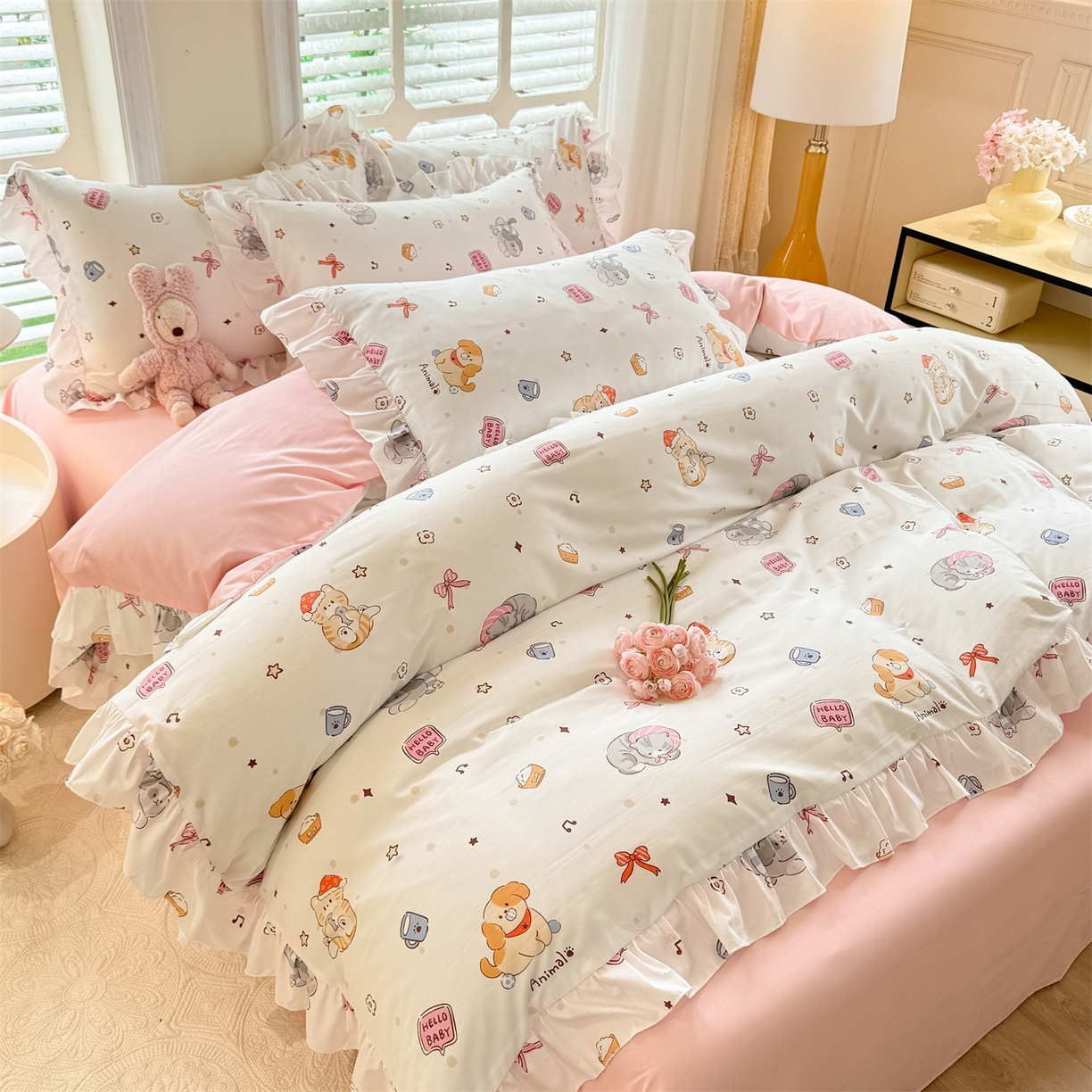 91家纺网 家纺一手货源 找家纺 经年 2026新款韩版花边水洗云朵棉四件套 可爱修狗