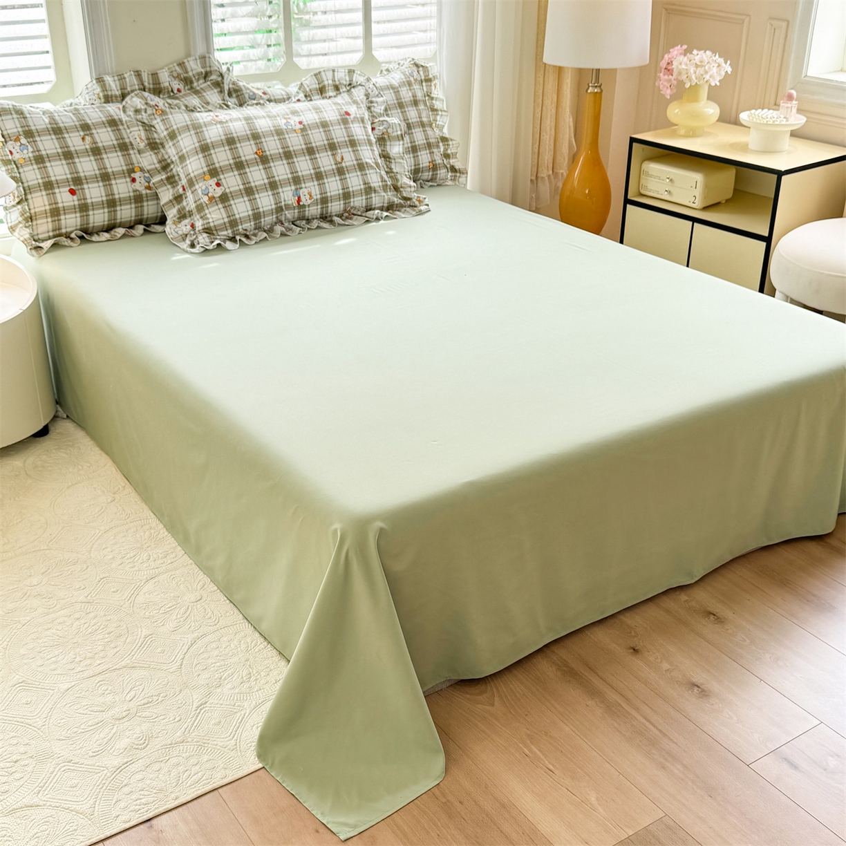 91家纺网 家纺一手货源 找家纺 经年 2026新款韩版花边水洗云朵棉四件套 复古K猫绿