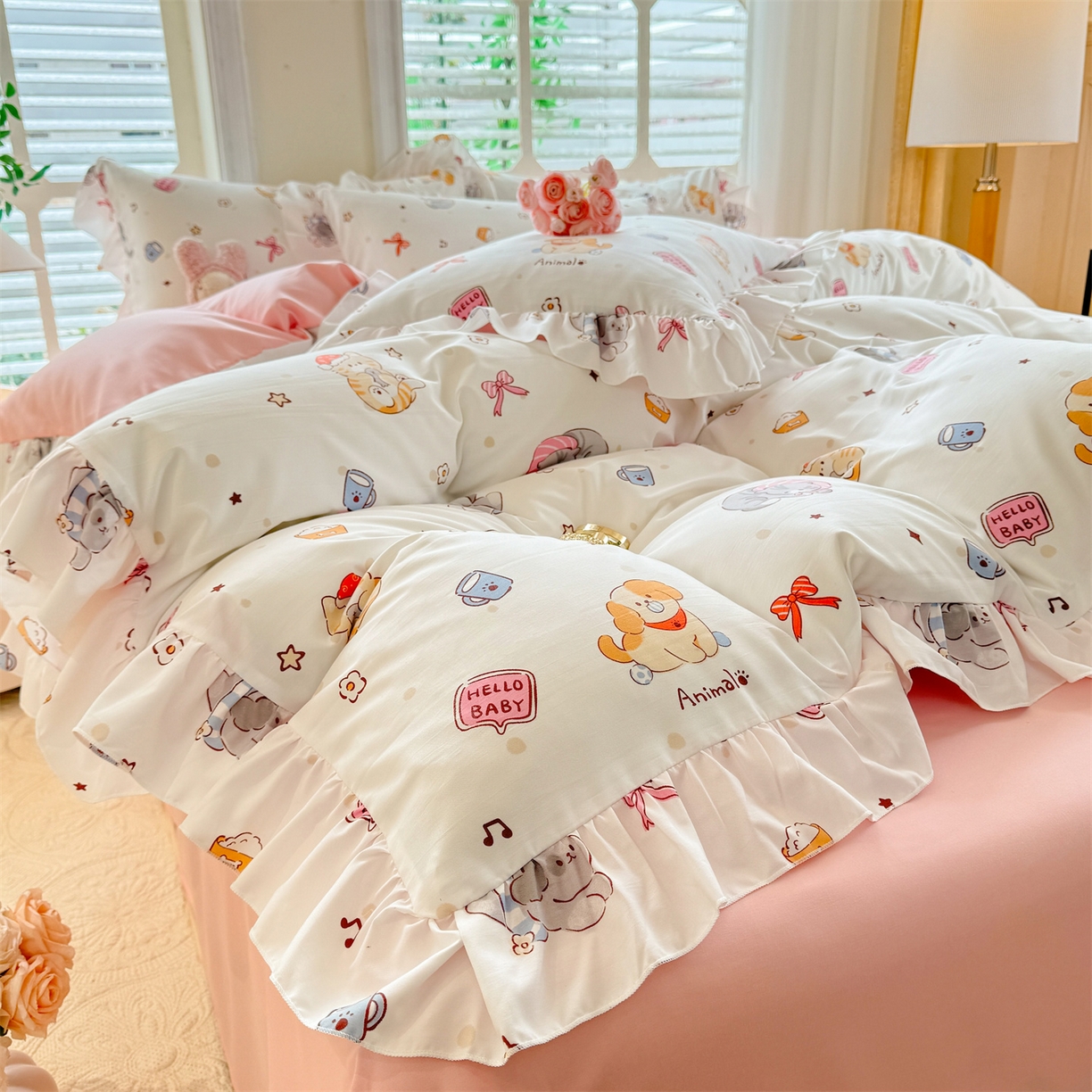 91家纺网 家纺一手货源 找家纺 经年 2026新款韩版花边水洗云朵棉四件套 可爱修狗