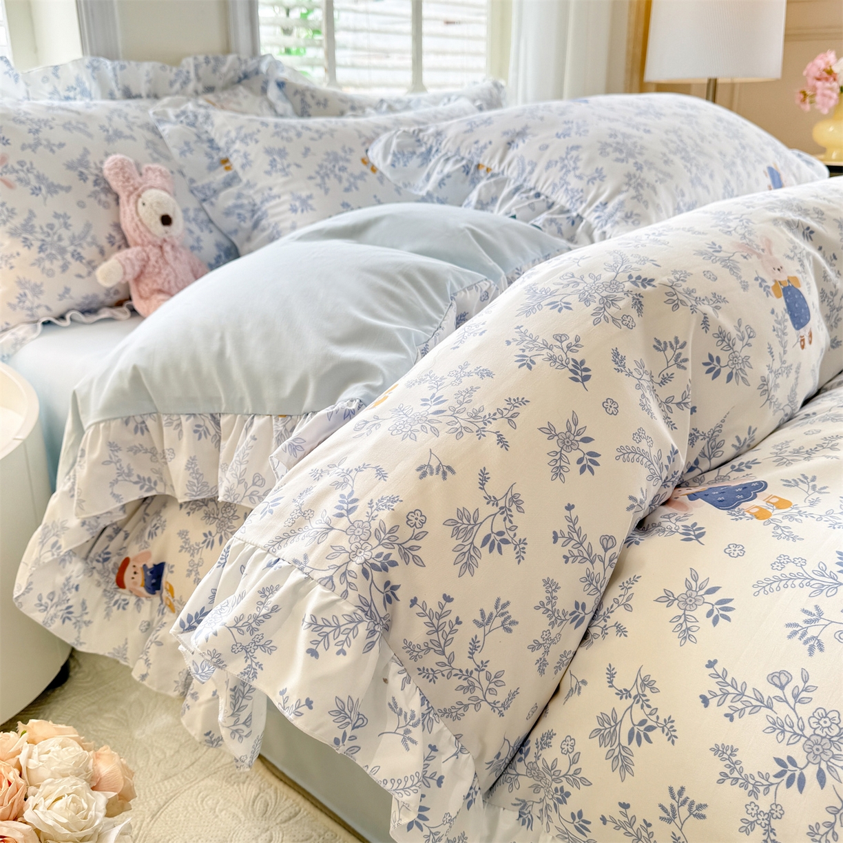 经年 2026新款韩版花边水洗云朵棉四件套 森林兔蓝