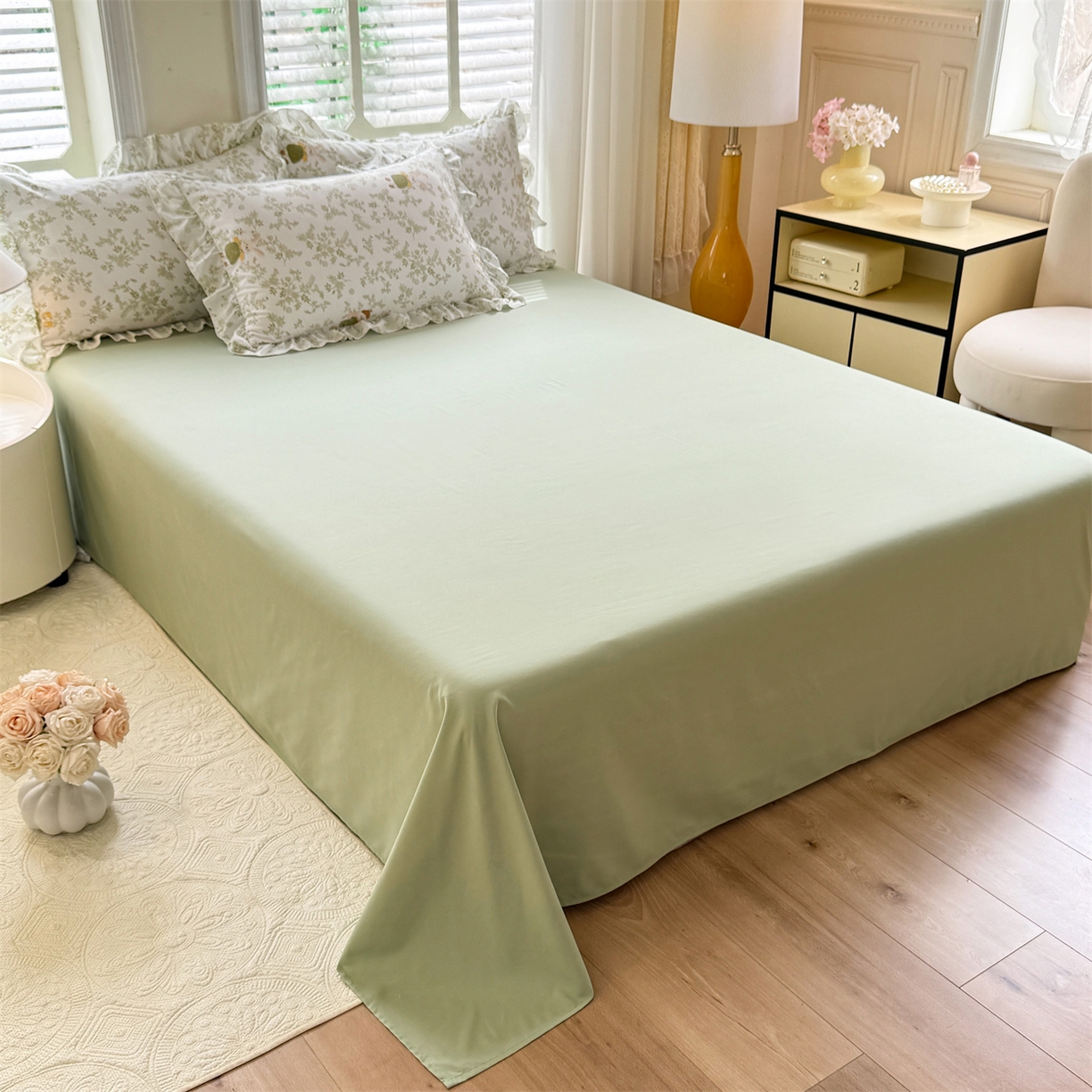 91家纺网 家纺一手货源 找家纺 经年 2026新款韩版花边水洗云朵棉四件套 森林兔绿