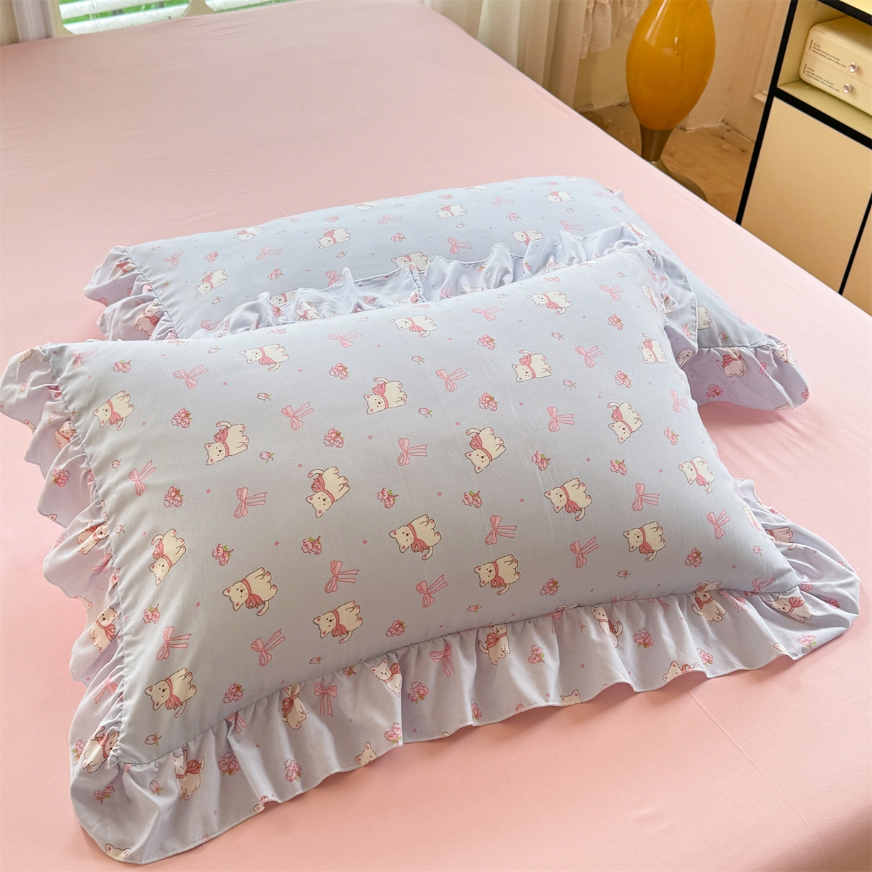 91家纺网 家纺一手货源 找家纺 经年 2026新款韩版花边水洗云朵棉四件套 蝴蝶结小狗