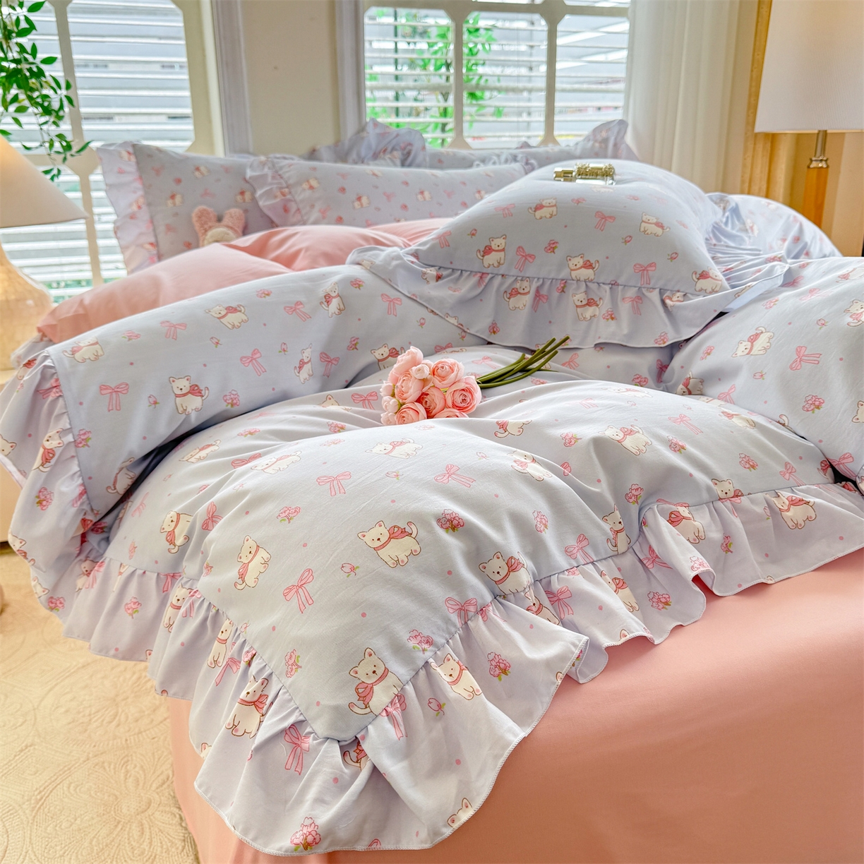 91家纺网 家纺一手货源 找家纺 经年 2026新款韩版花边水洗云朵棉四件套 蝴蝶结小狗