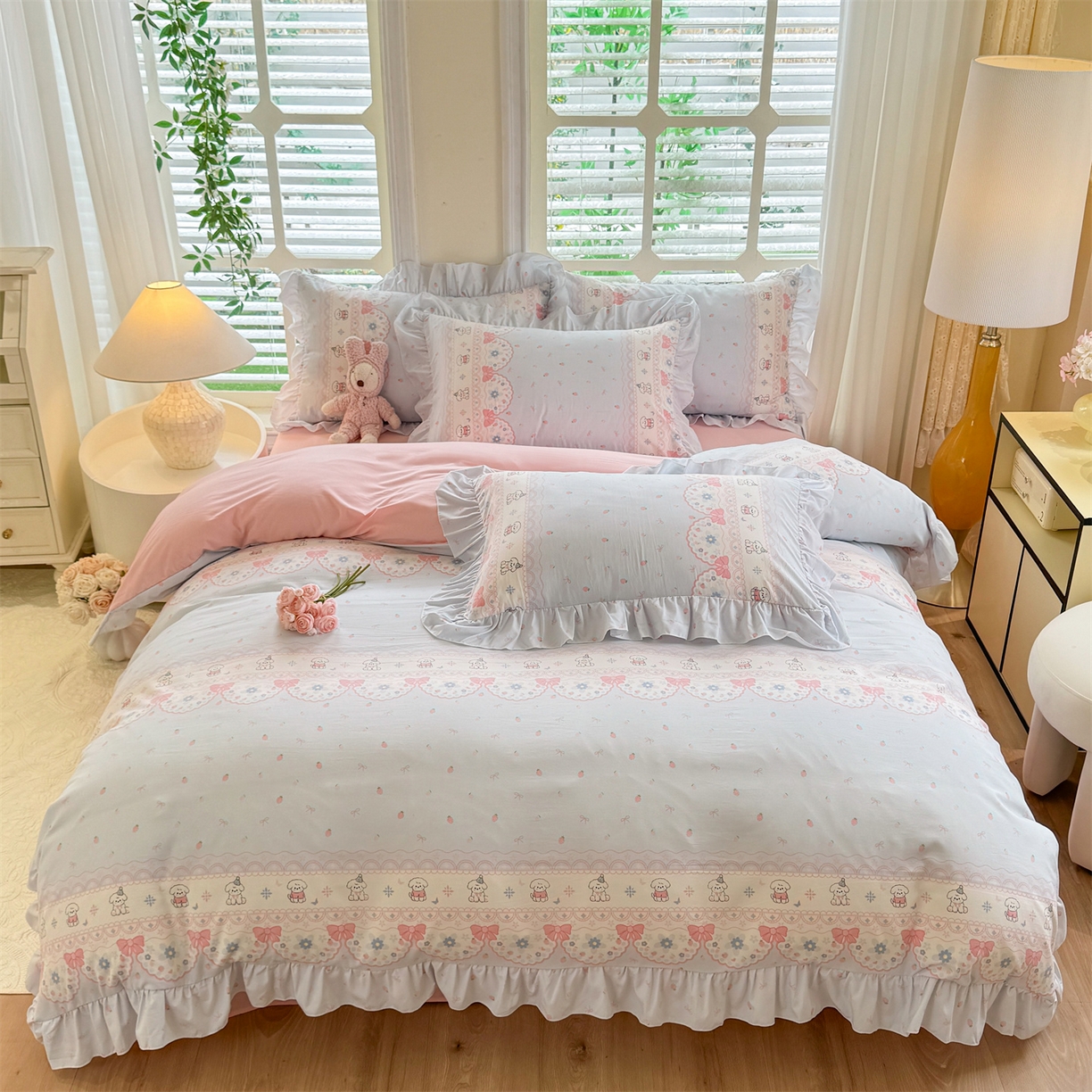 91家纺网 家纺一手货源 找家纺 经年 2026新款韩版花边水洗云朵棉四件套 布丁狗蓝