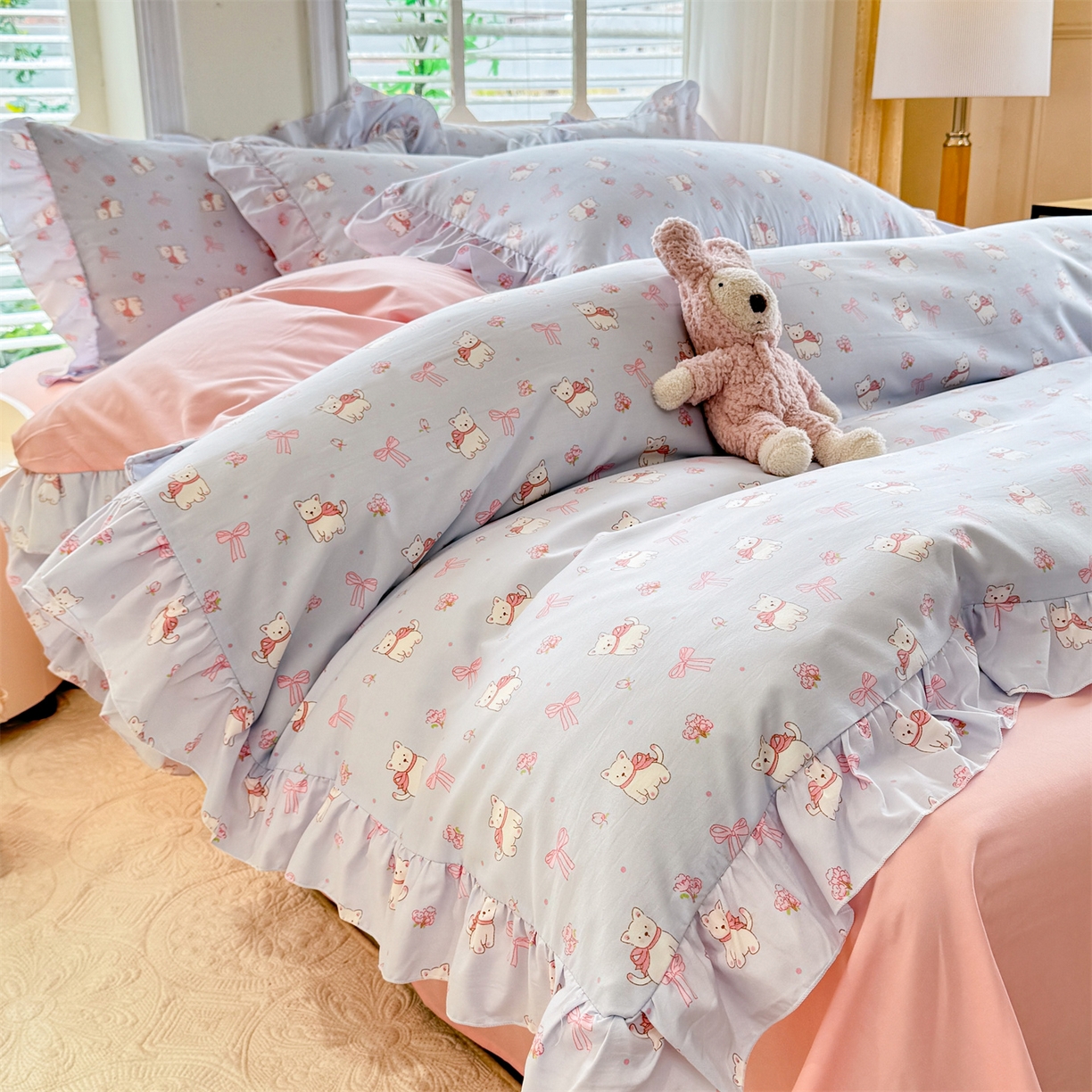 91家纺网 家纺一手货源 找家纺 经年 2026新款韩版花边水洗云朵棉四件套 蝴蝶结小狗